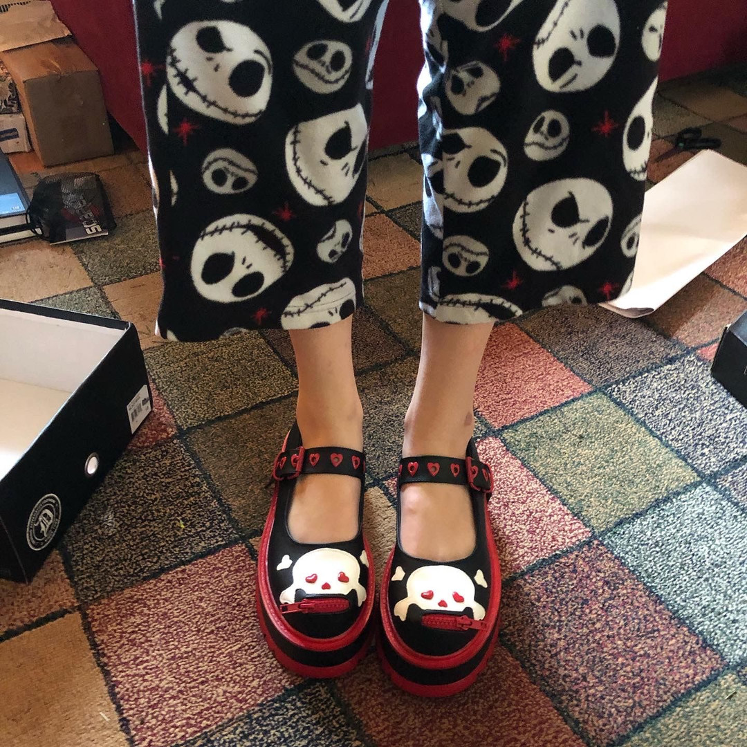 Black & Red Heart Studded Skull & Bones Vegan Mary Jane