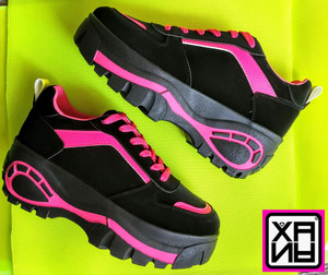 Black Bootie Platform Sneakers with Hot Pink Details