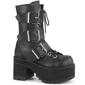 Black Vegan Platform Goth Boots with Buckles - Ranger-308