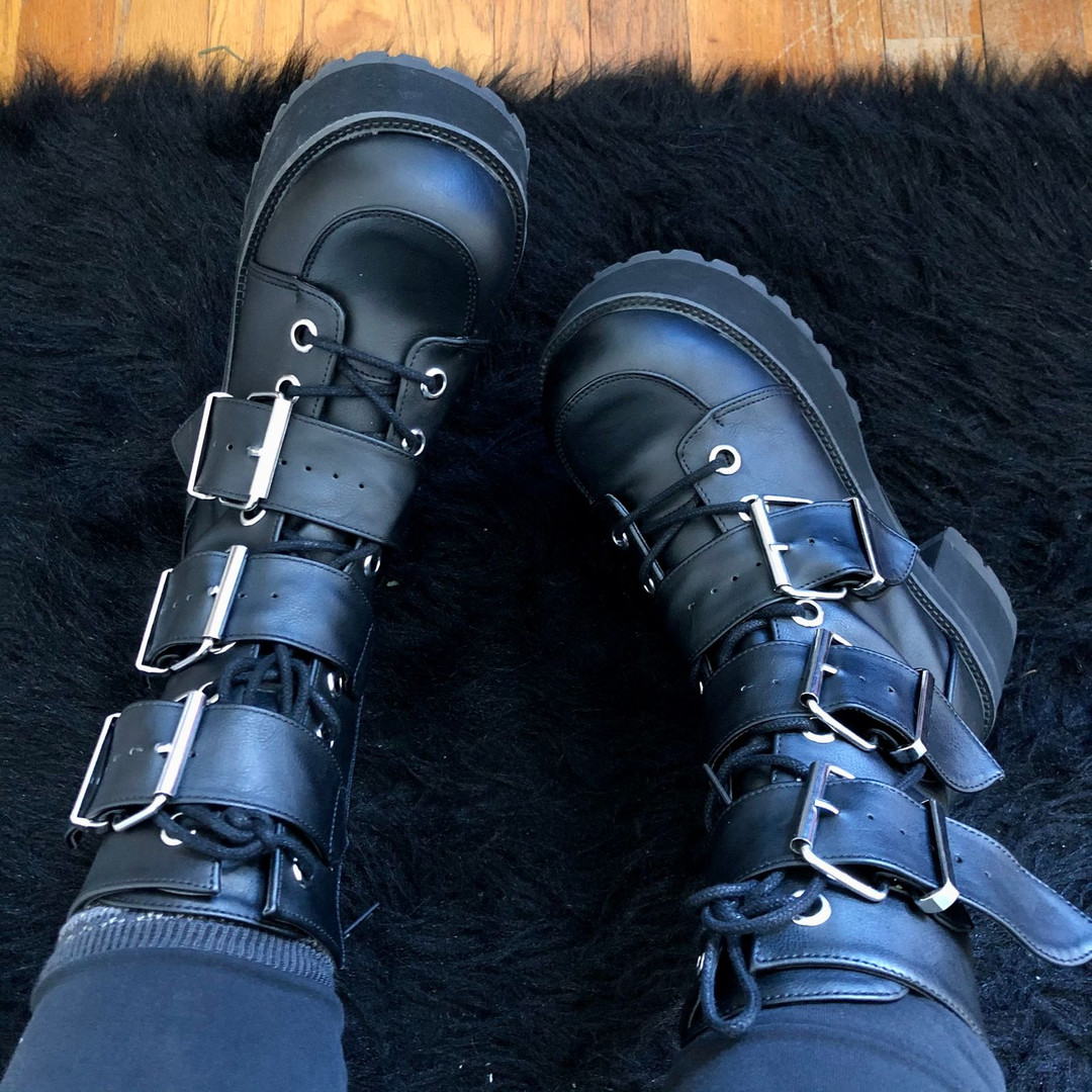 Black Vegan Platform Goth Boots with Buckles - Ranger-308
