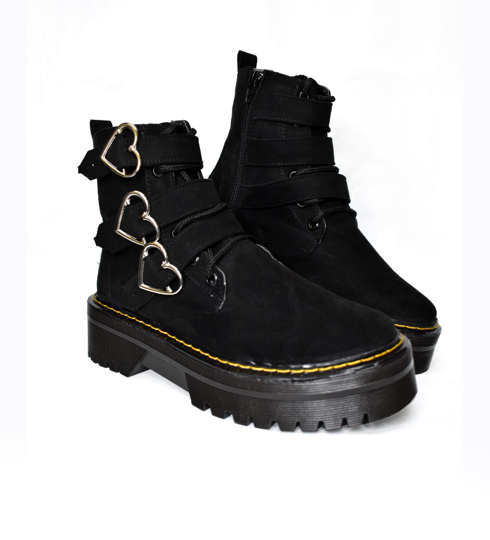 Black Vegan Platform 3 Heart Buckle Suede Boots - Nuclear Waste