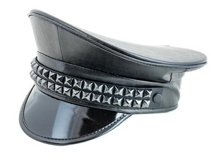Black Vegan Leather Captain Hat With Two Rows 1/2" Pyramid