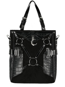 Black Vegan Leather  Bag With Harness And A Crescent Moon