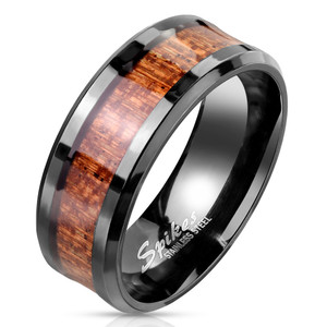 Wood Inlay Center Beveled Edges Black IP Stainless Steel Rings