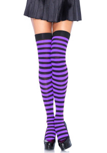 Black & Purple Striped Nylon Thigh Highs