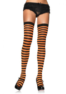 Black & Orange Striped Nylon Thigh Highs