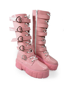 Heart Shaped Buckles Pink Long Platform Boots