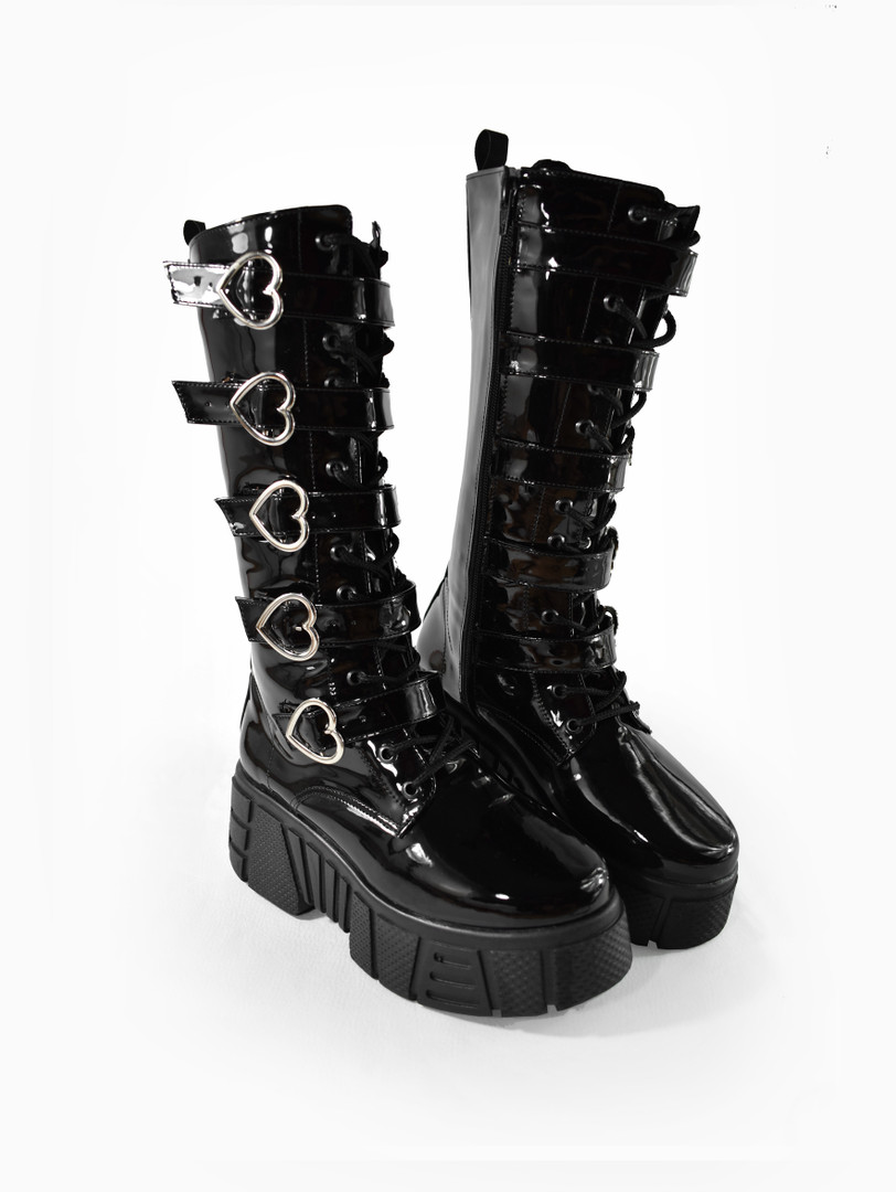 Heart Shaped Buckles Black Patent Long Platform Boots - Nuclear Waste