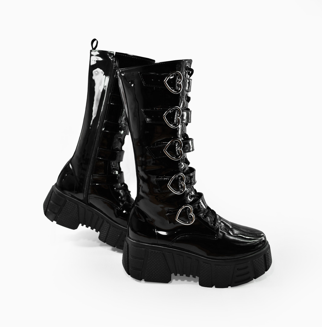 Heart Shaped Buckles Black Patent Long Platform Boots - Nuclear Waste