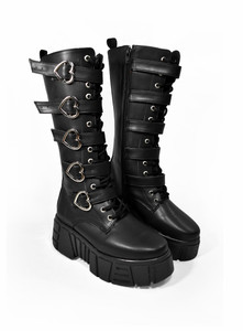 Heart Shaped Buckles Black Leather Long Platform Boots