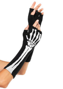 Skeleton Print Long Fingerless Gloves