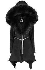 Black Long Mysterium Coat With Oversized Furry Hood 