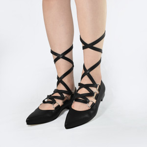 Lilith - Matte Black Lace Up Winklepickers Flat shoes