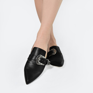 Diadre - Black Winklepickers Shoes with Silver Buckle