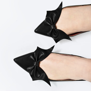 Matte Black Bat Bow Winklepickers Flat Shoes