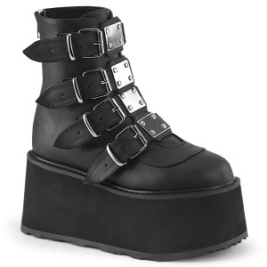 Black Vegan Quadruple Buckle Metal Plated Platform Ankle Boots - DAMNED-105