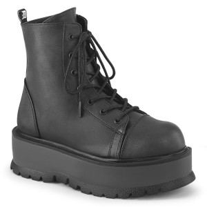 Black Vegan Platform Lace-Up Front Ankle Boots - SLACKER-55