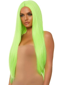 33" Long Center Part Straight Neon Green Wig 