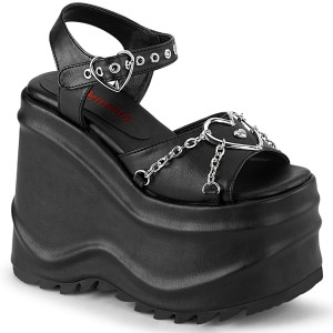 Black Vegan Wedge Platform Sandals with Heart Buckle - WAVE-09