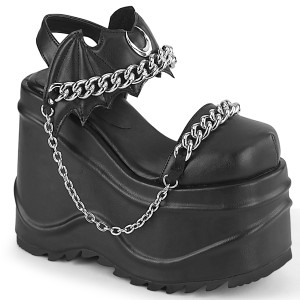 Black Vegan Moon & Chain Ankle Strap Wedge Platform Sandals - WAVE-20