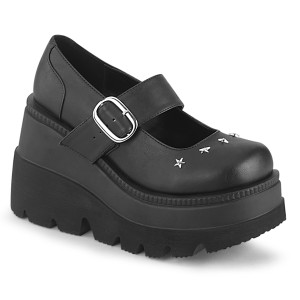 Black Vegan Star Studded Wedge Platform Maryjane Shoes - SHAKER-23
