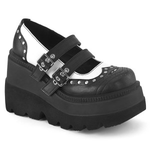 Black & White Studded Double Buckle Strap Wedge Platform Vegan Shoes - SHAKER-27