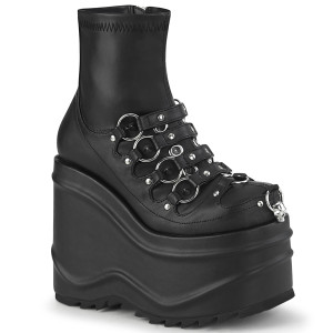 Black Vegan Wedge Platform Stretch Ankle Boots with Hanging Skull - WAVE-110