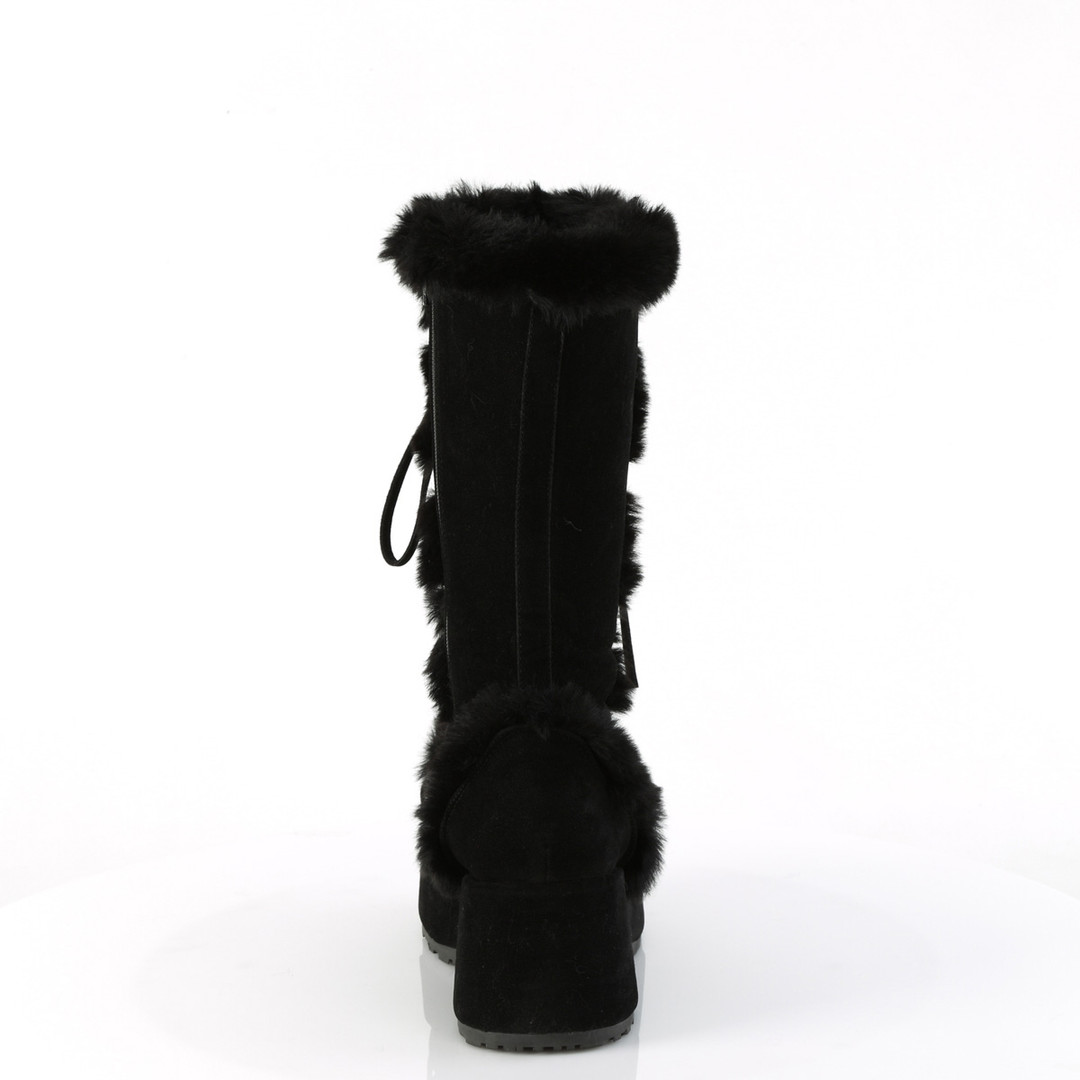 Black Faux Fur Trim Platform Lace-Up Mid-Calf Boots - CUBBY-311