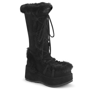  Black Faux Fur Trim Platform Lace-Up Mid-Calf Boots - CUBBY-311