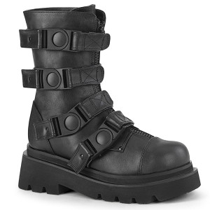 Black Vegan Tiered Platform Calf High Boots with Buckle Straps - RENEGADE-55
