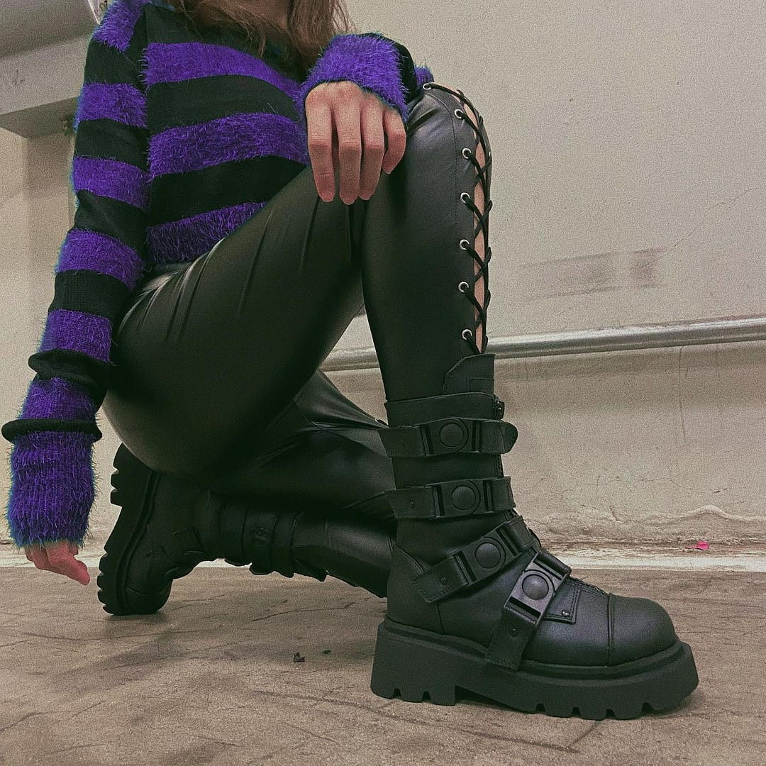 Black Vegan Tiered Platform Calf High Boots with Buckle
