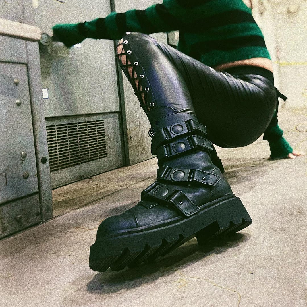 Black Vegan Tiered Platform Calf High Boots with Buckle Straps