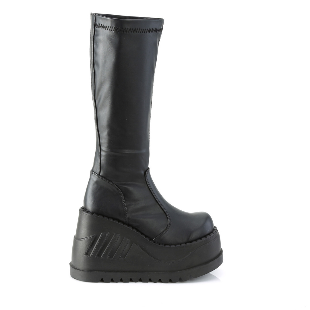 Black Vegan Stretch Knee High Wedge Platform Boots - STOMP