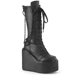 Black Vegan Knee High Wedge Platform Boots with Removeable Metal Chain - SWING-150