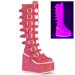 Neon Pink Platform Knee High Boots w/ Metal Plates