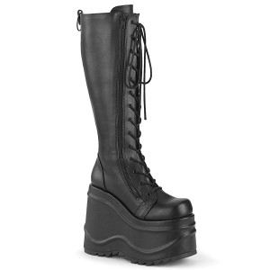 Black Vegan Double Zipper Knee High Wedge Platform Boots - WAVE-200