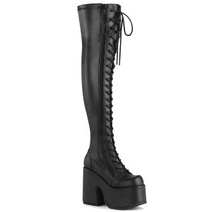 Black Vegan Platform Lace-Up Stretch Thigh-High Boots - CAMEL-300