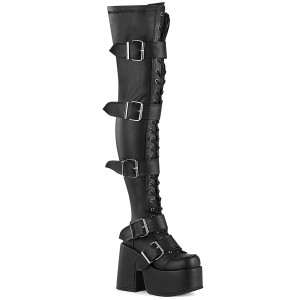 Lace-Up Stretch Thigh-High Platform Boots W/ Buckle Straps - CAMEL-305