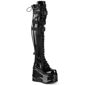 Black Patent Wedge Platform Thigh High Boots by Nylon Straps w/ Snap Buckles - WAVE-315