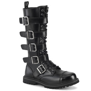 Black Leather Steel Toe 18i Lace-Up 5 Buckle Knee Combat Boots - RIOT-18