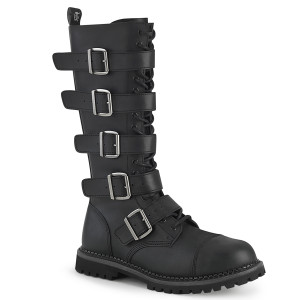 Black Vegan Leather 18i Steel Toe Lace-Up 5 Buckle Knee Combat Boots - RIOT-18BK
