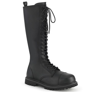 Black Unisex Vegan Leather 20i Steel Toe Lace-Up Knee Combat Boots - RIOT-20