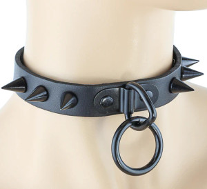 Black Leather Choker with Small Cone Spikes and Loop & Ring