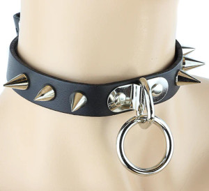 Black Leather Choker with Small Silver Cone Spikes and Loop & Ring