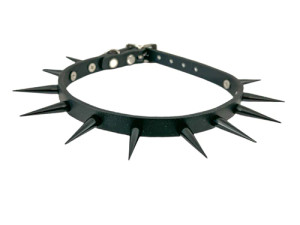 Black Leather Choker with One Row Slim and Tall Spikes