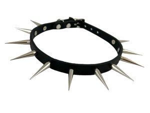 Black Leather Choker with One Row of Silver Slim and Tall Spikes