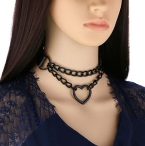 Black on Black Choker with Chain and Heart Center Ring