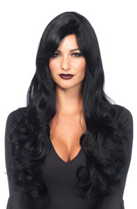 Black 27" Long Wavy Wig with Side Swept Bangs