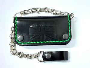 Green Stitched "Made in England" Leather Wallet with Chain