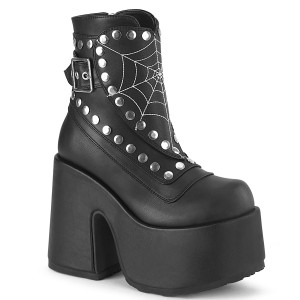 Black Vegan Leather 5" Chunky Heel Platform Boots w/ Heart Cobweb Shield - CAMEL-70
